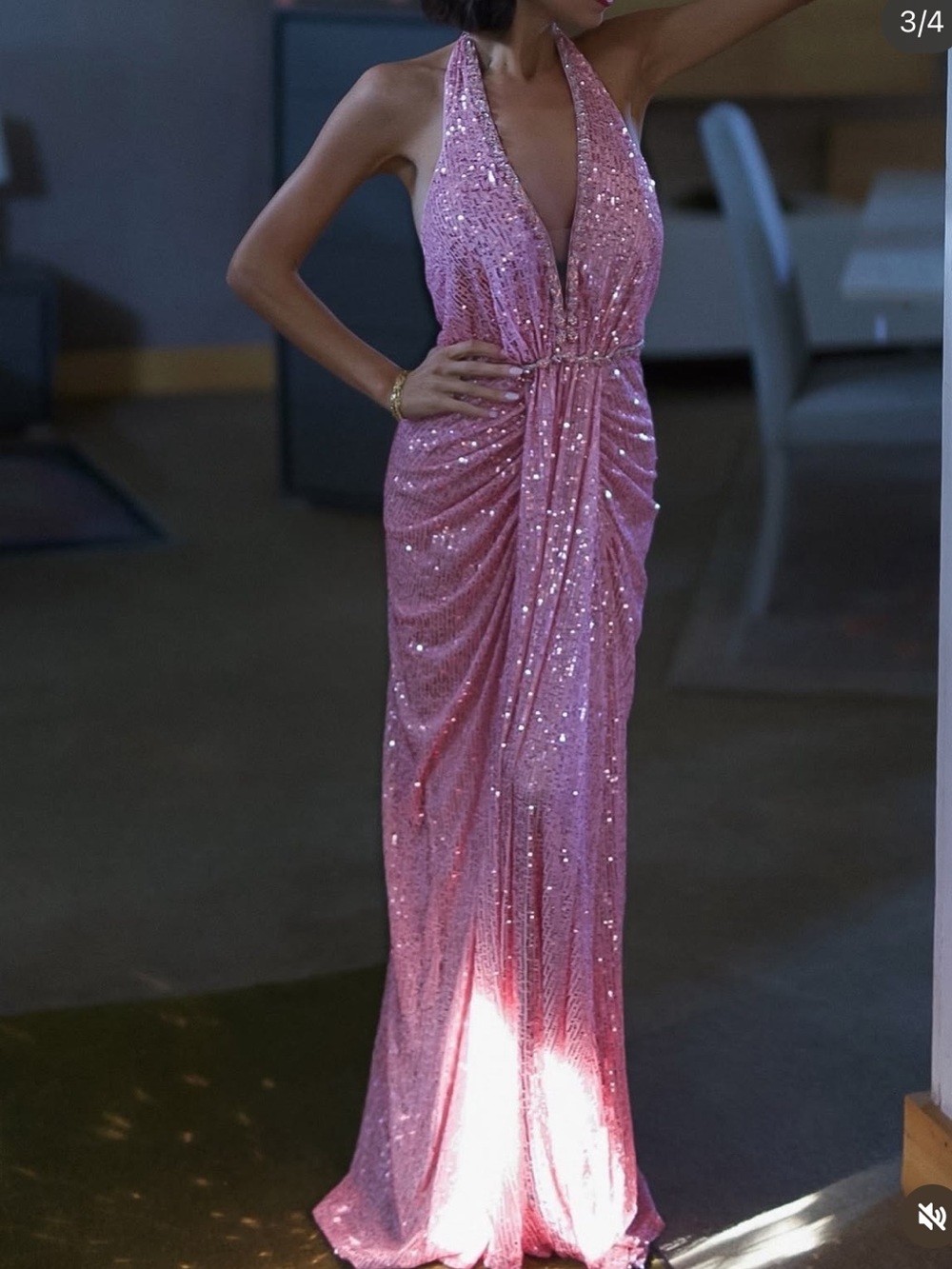 Sequined Halter Pink Evening Gown
